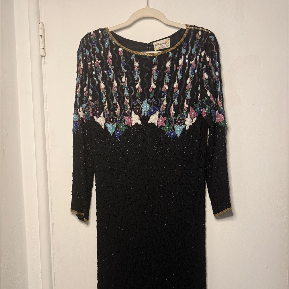 Elegant Black Beaded Dress with Floral Accents